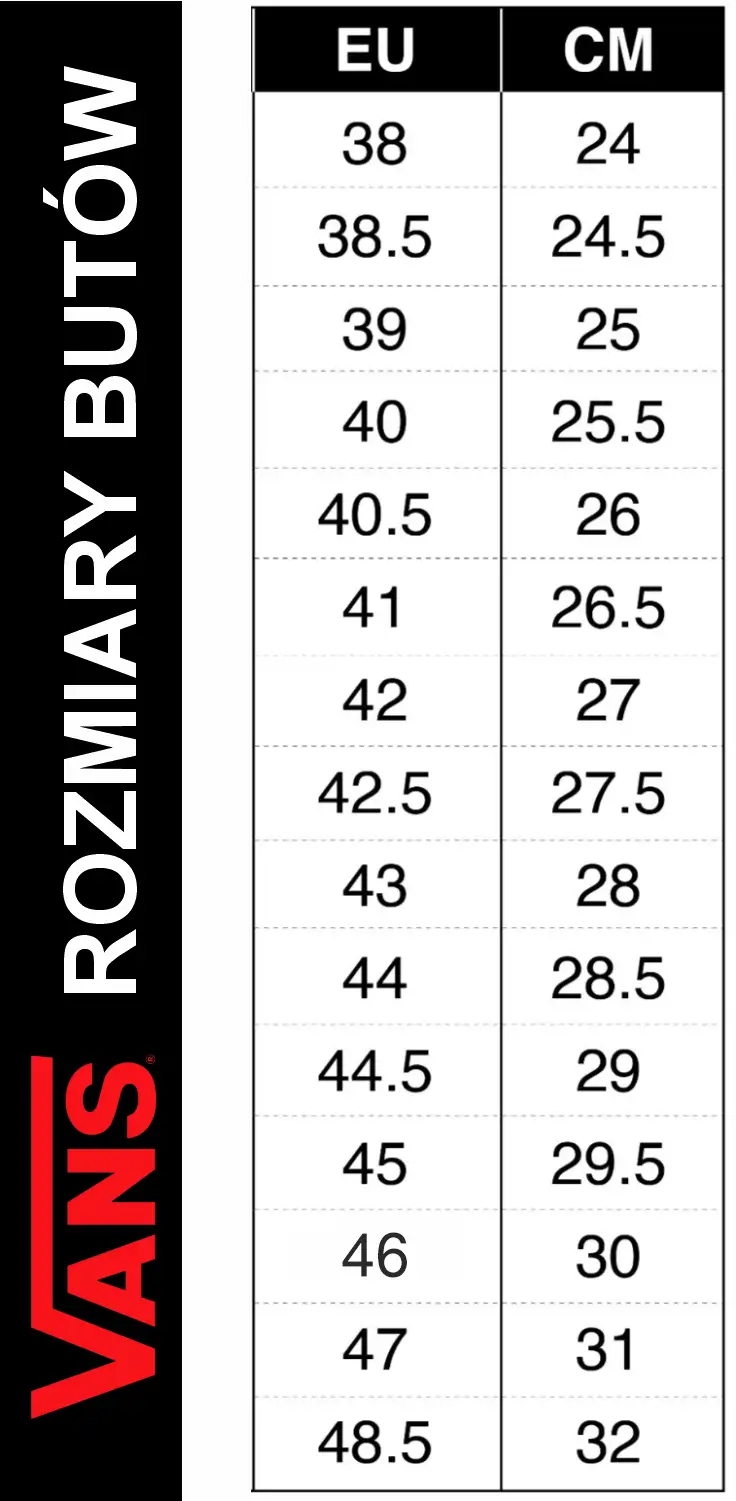 Tabela rozmiarów Vans
